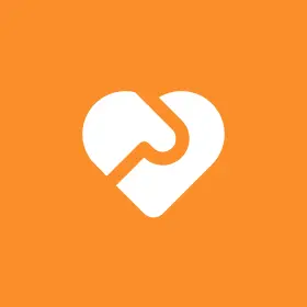 Group 1321317506 White abstract heart-shaped logo on an orange background, embodying the warmth and comfort of mobile home parts and supplies.