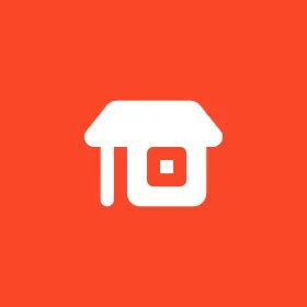 A white house icon with a door and roof on an orange background, symbolizing mobile homes for rent.