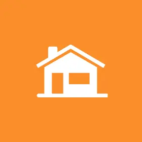 A white house icon on an orange background evokes the charm of mobile home rentals.